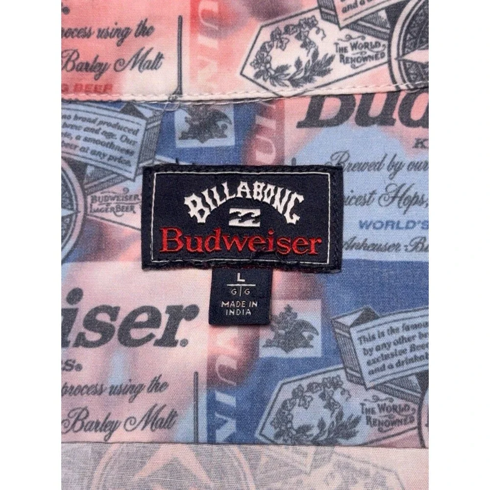 Billabong Budweiser Beer Label Print Button Down Shirt Mens Large Multicolor